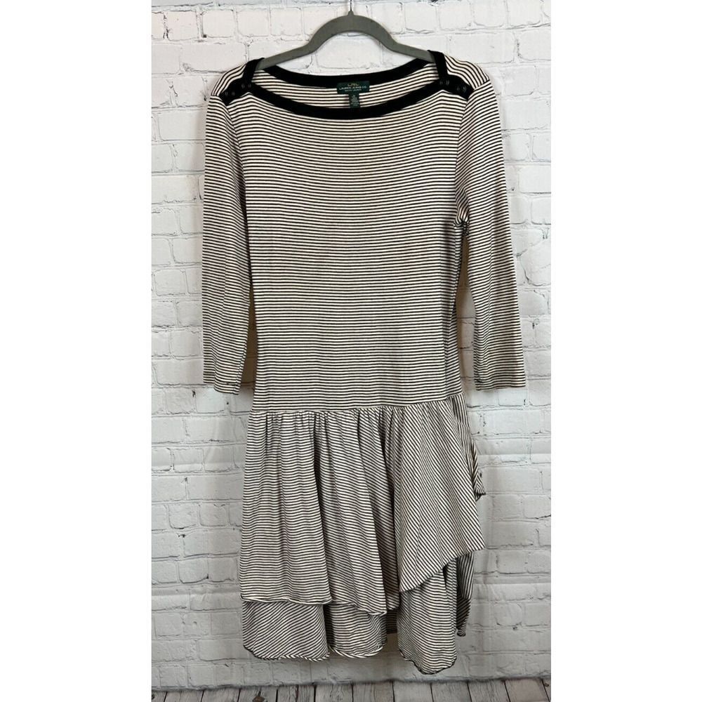 LAUREN JEANS CO. RALPH LAUREN white black striped knit drop waist frill dress M